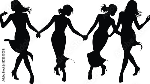 Women dancing silhouette set, stylish female party poses, elegant fashion figures, black vector illustration, isolated white background.