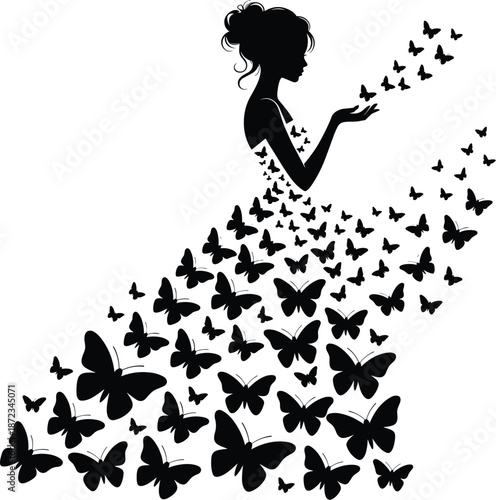Woman silhouette with butterflies, magical transformation concept, flying butterfly swarm illustration, black vector art, isolated white background.