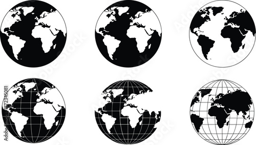 World globe silhouette set, earth map icons collection, global geography symbols, planet outline with grid, isolated black vector