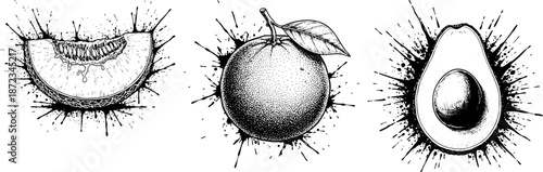 Vintage Hand Drawn Fruit Set with Ink Splatter Effect
