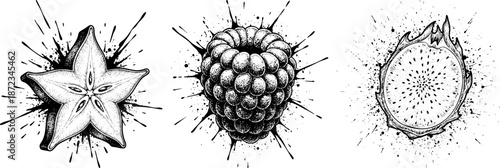Hand Drawn Starfruit Raspberry Dragon Fruit Ink Splatter Set