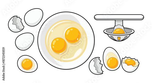 Fried and broken eggs with yolk displayed on a plate and using utensils