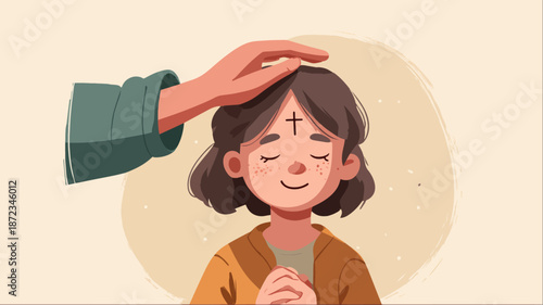 Smiling child with ash cross on forehead representing Ash Wednesday, Christian upbringing, Lent spirituality, faith education, and religious family values illustration.
