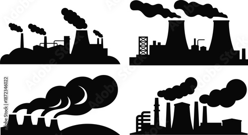 Industrial power plant silhouettes set featuring factories, cooling towers, and smokestacks emitting pollution isolated on white background for energy, environment, and industry design concepts