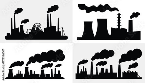 Industrial factory silhouettes set with power plants, smokestacks, and heavy industry buildings releasing smoke isolated on white background for pollution, energy, and industrial design concepts