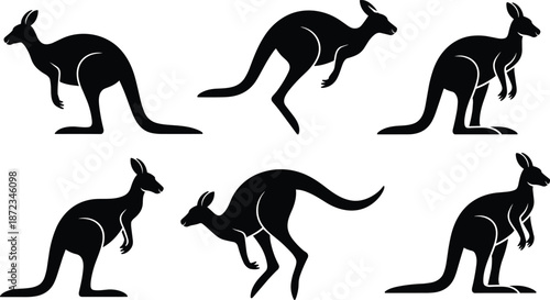 Kangaroo Silhouette Collection Showing Jumping, Standing, and Moving Poses, Australian Wildlife Icon, Animal Motion, Strength, and Nature Illustration Set