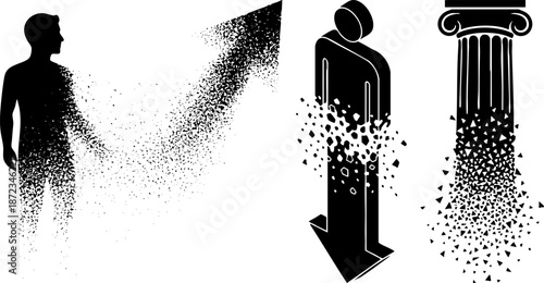 Abstract dissolution particle effect set showing transformation and decay