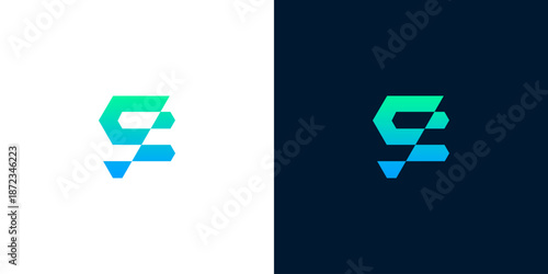 Modern and abstract geometric logo design with gradient colors on white and dark backgrounds