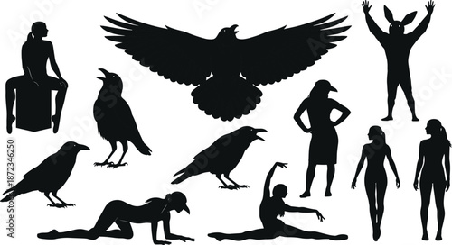 Crow and raven silhouettes with human figures, surreal bird mask characters and dance poses vector illustration for mythology, fantasy, ritual art design