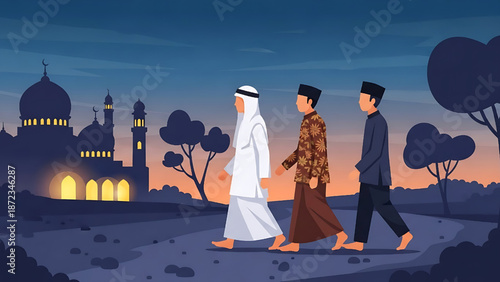 Three Muslim men in traditional attire walk away from a mosque at twilight, symbolizing spiritual observance, community connection, and tranquil reverence during evening prayer