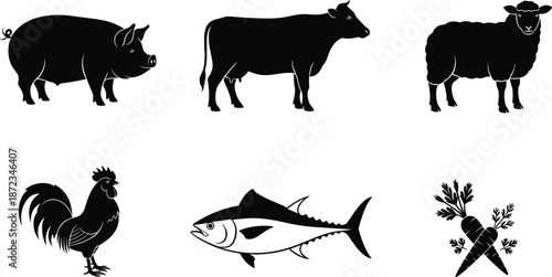 Farm animals and food silhouette vector set, pig cow sheep rooster fish carrot icons isolated on white background for agriculture, farming, livestock, and food design