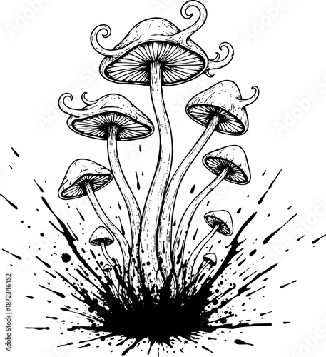 Psychedelic hand drawn mushrooms in ink splatter sketch art.
