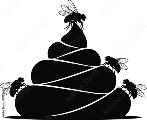 Flies on pile of dung silhouette vector illustration, black insect pest concept isolated on white background for hygiene, contamination, waste, and sanitation design