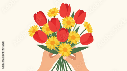 Hands holding a bouquet of red tulips and yellow flowers