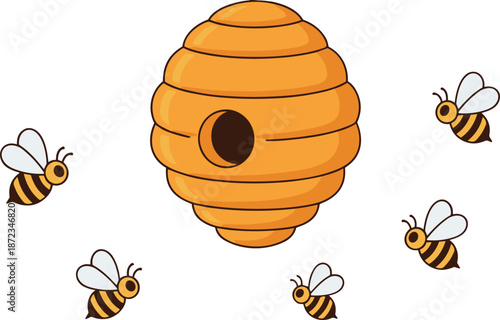 Beehive with bees, flying insects, cartoon style, nature scene, pollination theme, environmental design, kids art, flat vector illustration