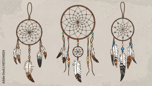 Three dreamcatchers with feathers and beads hanging from a hoop, showcasing traditional craftsmanship and mystical elements