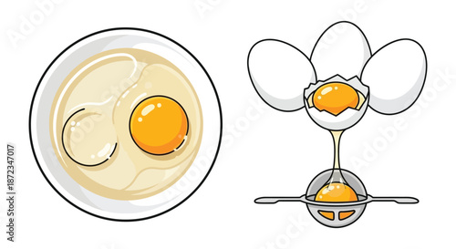 Fried and broken eggs with yolk displayed on a plate and using utensils