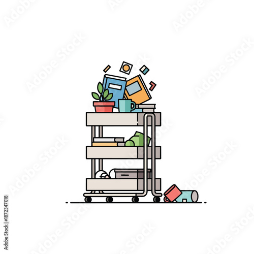 Disorganized items and books spilling from a busy day's utility cart, an indoor graphic illustration.
