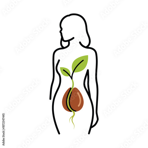 Conceptual illustration of a sprouting seed within a female silhouette, symbolizing growth and natural wellness
