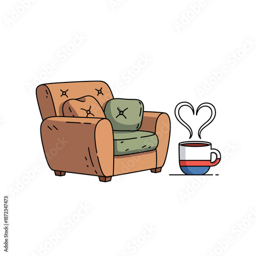 Cozy Armchair and Steaming Mug with Heart Steam - Relaxing Home Comfort Illustration