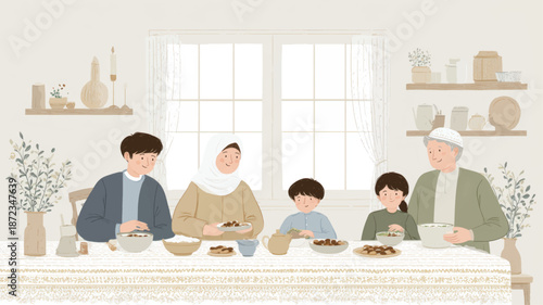 Muslim family sharing iftar meal on first day of Ramadan representing faith, togetherness, tradition, and warm Islamic lifestyle celebration background.