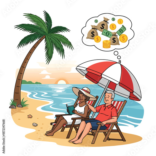 Diverse Senior Couple on Tropical Beach Dreaming of Financially Secure Retirement