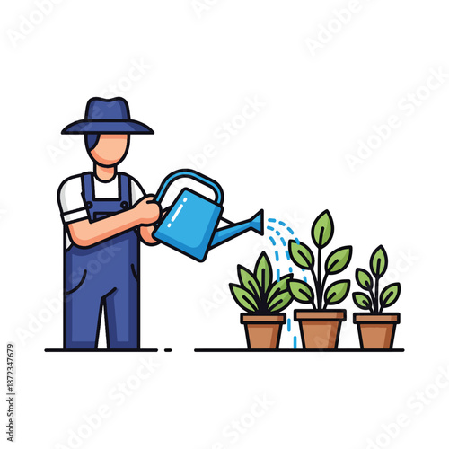 Gardener Watering Potted Plants Illustration: Person Nurturing Greenery for Growth and Development