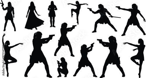 Female silhouette poses, dynamic movement, action stance, dance and martial arts, expressive figure, black design, flat vector illustration