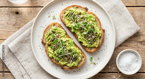 Healthy smashed avocado toast topped with seeds and sprouts rests on a rustic wooden table