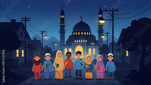 Diverse group of happy children celebrating a festive night in front of a beautifully lit mosque, symbolizing unity and joy during a religious holiday