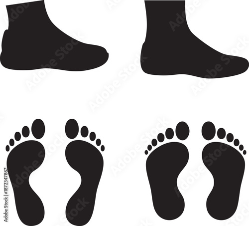 Illustration of various human foot silhouettes and sock styles on a white background