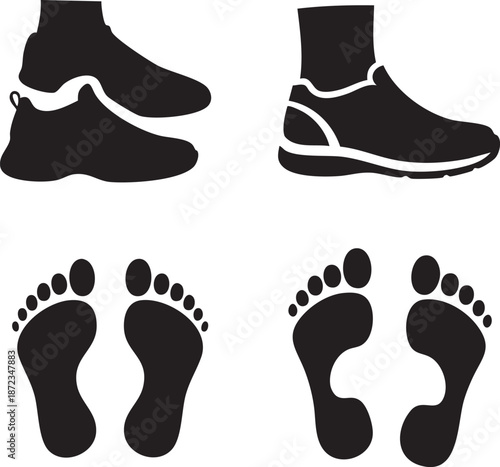 Illustration of footprints and shoes showcasing human footsteps and footwear designs from different viewpoints