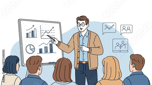 Business meeting presentation with charts and graphs, speaker explaining data to audience.