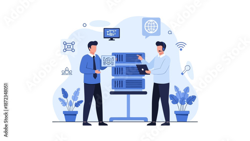 IT professionals working with server rack and network equipment, data center concept