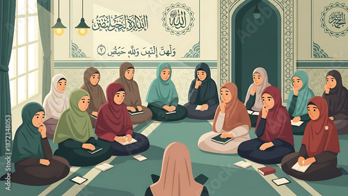 A group of young Muslim girls attending a religious class, learning about Islam in a mosque's classroom setting, fostering community and faith education