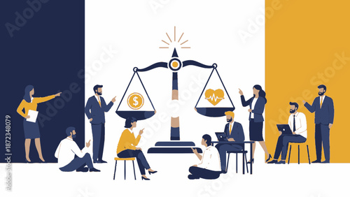 Balancing Business and Health, Team Meeting, Finance and Healthcare Concept