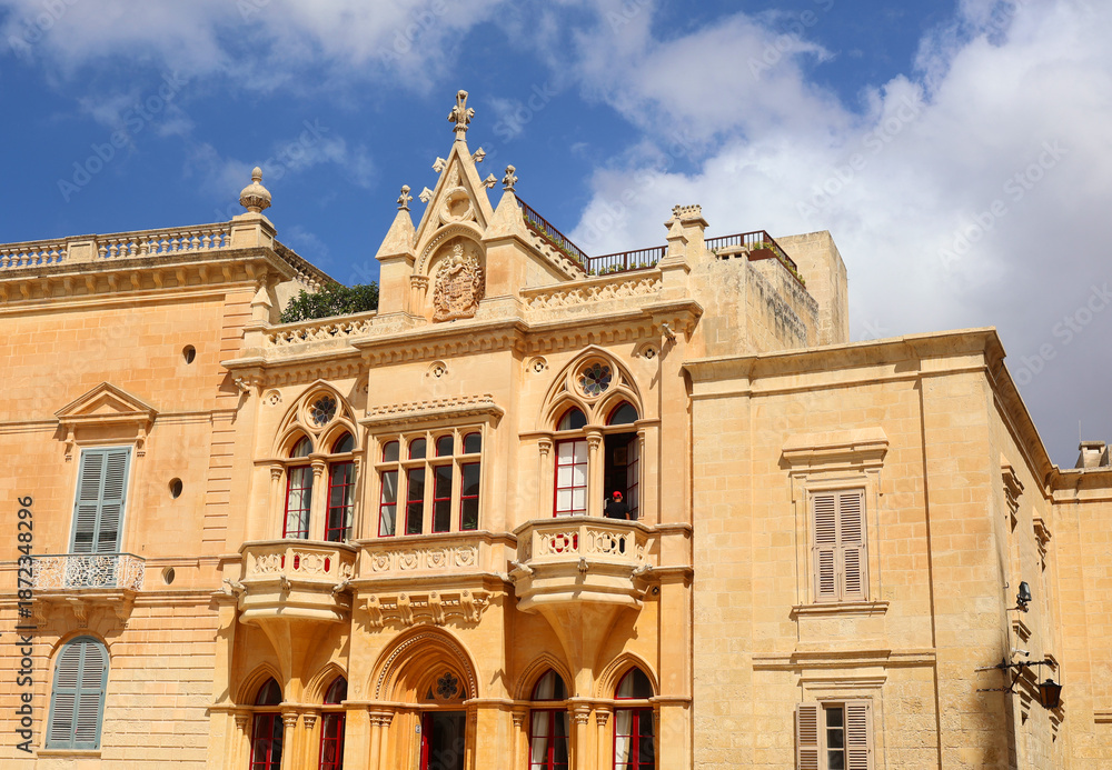Fototapeta premium Old palace in Saint Paul's Square in Mdina in the center of the island of Malta: View of the Casa Gourgion neo-Gothic palace