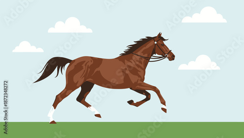 Brown Horse Running with Flowing Mane.