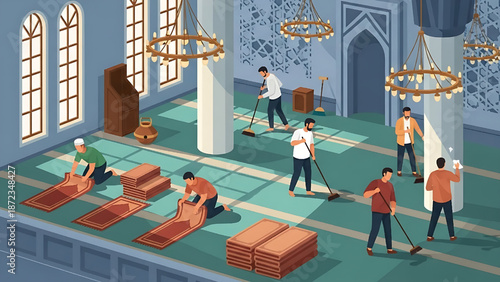 Men meticulously cleaning a mosque, demonstrating communal effort to maintain the sacred space for worship, symbolizing profound reverence