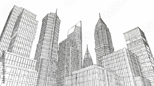 Architectural sketch of modern skyscrapers against a white background.