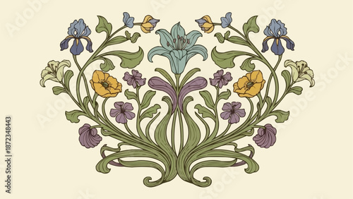 Art Nouveau floral ornament with irises and lilies.