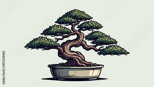 Artistic Bonsai Tree in a Pot with Twisted Trunk and Green Leaves.