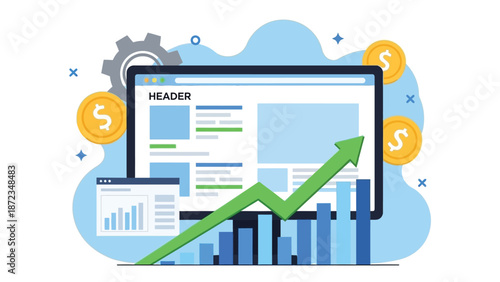 Business Growth Dashboard With Upward Graph And Finance Icons For Analytics And Marketing Strategies Today