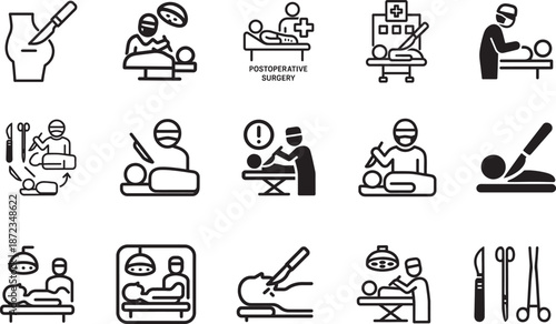 Surgery operation outline icon set for medical, healthcare, hospital, procedure, and treatment UI design.