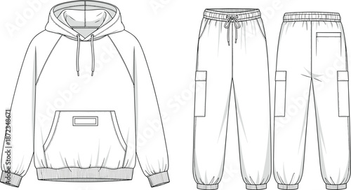 Hoodie and jogger pants, fashion sketch, technical drawing, garment design, casual wear, apparel blueprint, flat vector illustration