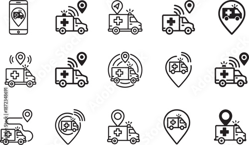 Ambulance tracking GPS outline icon set for emergency response, navigation, healthcare, and location UI design.