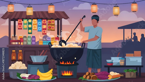 Experience the lively ambiance of an outdoor night market where a dedicated street food vendor skillfully prepares traditional dishes, surrounded by glowing lanterns and fresh ingredients