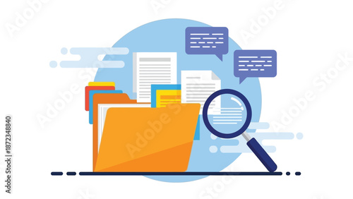 Folder With Documents, Magnifying Glass, And Chat Bubbles Represent File Search And Data Analysis
