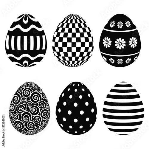 Collection of six black and white decorated easter eggs on easter day