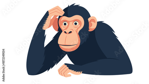 Cartoon Monkey Thinking with Hand on Head.